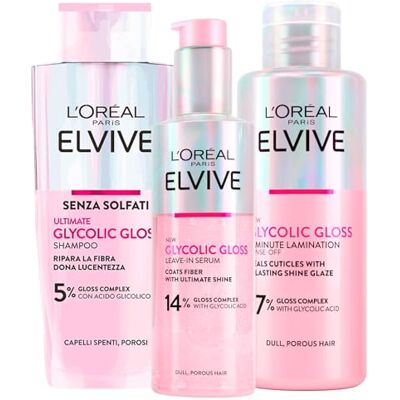 L'Oreal Paris L'Oréal Paris Elvive Glycolic Gloss Shampooing à l'acide glycolique 200 ml + sérum sans rinçage 150 ml + soin lamination 5 minutes 200 ml pour cheveux ternes poreux, brillance intense durable L'Oreal Paris L'Oréal Paris Elvive Glycolic Gloss Shampooing à l'acide glycolique 200 ml + sérum sans rinçage 150 ml + soin lamination 5 minutes 200 ml pour cheveux ternes poreux, brillance intense durable