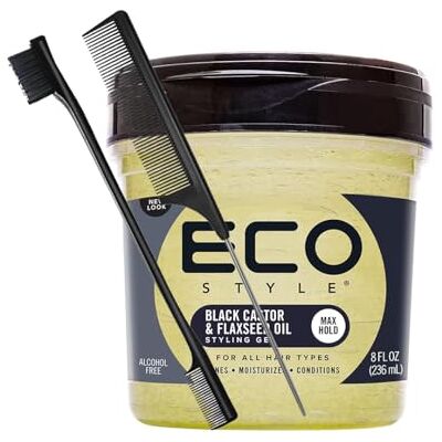 Serenara Eco Style Gel coiffant noir à l'huile de ricin et de lin 236,8 g avec peigne pour queue et brosse à bords – Tenue et brillance maximales Gel capillaire fortifiant et hydratant pour tous les types de Serenara Eco Style Gel coiffant noir à l'huile de ricin et de lin 236,8 g avec peigne pour queue et brosse à bords – Tenue et brillance maximales Gel capillaire fortifiant et hydratant pour tous les types de