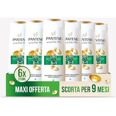 Pantene Shampooing 3 en 1 lisse effet soie pour cheveux crêpes et mats, avec Active Nutri-Plex 6 x 250 ml Pantene Shampooing 3 en 1 lisse effet soie pour cheveux crêpes et mats, avec Active Nutri-Plex 6 x 250 ml