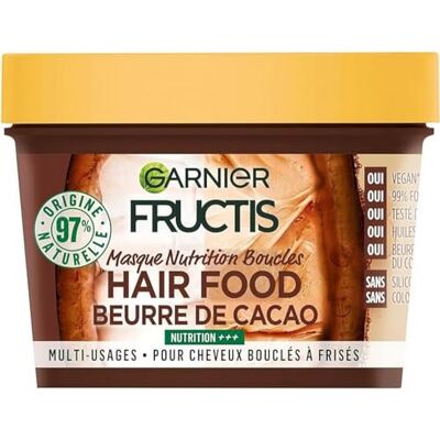 Garnier Masque Multi-Usage au Beurre de Cacao Nutrition des Boucles Formule Vegan à 97% d'Ingrédients d'Origine Naturelle Pour Cheveux Bouclés à Frisés Fructis Hair Food Maxi Format 390 ml Garnier Masque Multi-Usage au Beurre de Cacao Nutrition des Boucles Formule Vegan à 97% d'Ingrédients d'Origine Naturelle Pour Cheveux Bouclés à Frisés Fructis Hair Food Maxi Format 390 ml