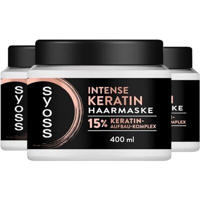 Syoss Lot de 3 masques capillaires intensifs à la kératine (3 x 400 ml) Cure capillaire de qualité supérieure pour cheveux faibles et cassants Avec un complexe de construction à 15 % de kératine Syoss Lot de 3 masques capillaires intensifs à la kératine (3 x 400 ml) Cure capillaire de qualité supérieure pour cheveux faibles et cassants Avec un complexe de construction à 15 % de kératine