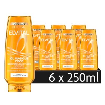 L'Oreal Paris L'Oréal Paris Elvital Après-shampooing pour cheveux souples avec brillance éclatante, agréable parfum noix de coco, huile magique de coco 6 x 250 ml L'Oreal Paris L'Oréal Paris Elvital Après-shampooing pour cheveux souples avec brillance éclatante, agréable parfum noix de coco, huile magique de coco 6 x 250 ml
