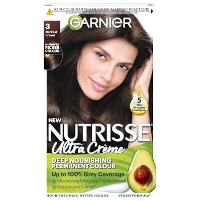 Garnier Nutrisse Coloration permanente pour cheveux, aspect naturel, résultat de couleur pour tous types de cheveux, 3 brun foncé Garnier Nutrisse Coloration permanente pour cheveux, aspect naturel, résultat de couleur pour tous types de cheveux, 3 brun foncé