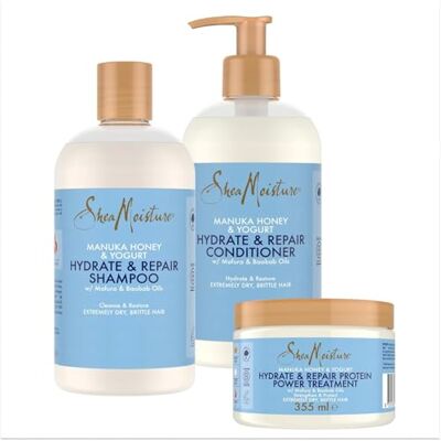 Shea Moisture SheaMoisture Set Miel de Manuka et Yaourt Shampooing 1 x 384 ml, Après-shampooing 1 x 384 ml, Traitement à base de protéines 1 x 355 ml 3 articles Shea Moisture SheaMoisture Set Miel de Manuka et Yaourt Shampooing 1 x 384 ml, Après-shampooing 1 x 384 ml, Traitement à base de protéines 1 x 355 ml 3 articles