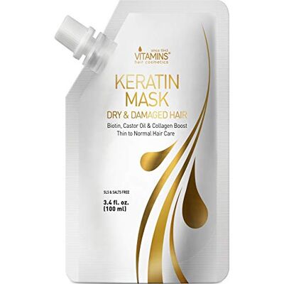 VITAMINS hair cosmetics Vitamins Masque Keratine Cheveux Fins Après Shampooing Fortifiant à Biotine, Huile de Castor Oil et Collagène Anti Frisottis Protecteur pour Cheveux Secs et Abimés (Format Voyage) VITAMINS hair cosmetics Vitamins Masque Keratine Cheveux Fins Après Shampooing Fortifiant à Biotine, Huile de Castor Oil et Collagène Anti Frisottis Protecteur pour Cheveux Secs et Abimés (Format Voyage)
