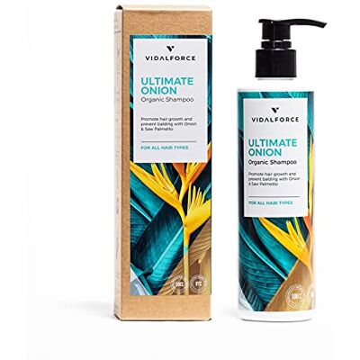 VIDALFORCE ULTIMATE ONION. Shampooing à l'oignon et au palmier nain avec 22 actifs naturels et écologiques. Shampooing force capillaire I Shampooing anti-chute pour femmes/hommes I Croissance des cheveux VIDALFORCE ULTIMATE ONION. Shampooing à l'oignon et au palmier nain avec 22 actifs naturels et écologiques. Shampooing force capillaire I Shampooing anti-chute pour femmes/hommes I Croissance des cheveux