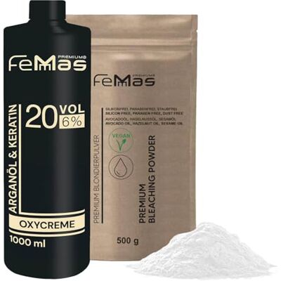 Femmas Kit de poudre de blondage 500 g végétalien et développeur 6 % 1L I Ultra résistant et sans poussière I avec des huiles nutritives I Kit de blanchiment pour la maison de qualité salon I Blonde Femmas Kit de poudre de blondage 500 g végétalien et développeur 6 % 1L I Ultra résistant et sans poussière I avec des huiles nutritives I Kit de blanchiment pour la maison de qualité salon I Blonde