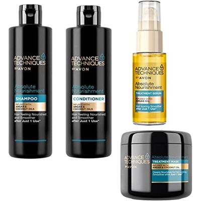 Avon Série de soins capillaires à l'huile d'argan Absolute Nourishment Shampooing 250 ml Après-shampoing 250 ml Huile de soin 30 ml Masque 375 ml pour cheveux secs et abîmés Avon Série de soins capillaires à l'huile d'argan Absolute Nourishment Shampooing 250 ml Après-shampoing 250 ml Huile de soin 30 ml Masque 375 ml pour cheveux secs et abîmés