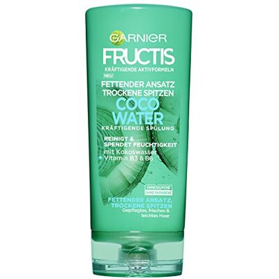 Garnier Après-shampooing fortifiant contre les racines grasses et les pointes sèches, avec de l'eau de coco pour des cheveux puissants, eau de coco Fructis, 200 ml Garnier Après-shampooing fortifiant contre les racines grasses et les pointes sèches, avec de l'eau de coco pour des cheveux puissants, eau de coco Fructis, 200 ml