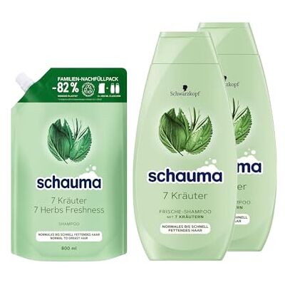 Schauma Recharge de shampoing 7 herbes (1 x 800 ml) Shampoing frais pour cheveux normaux à gras rapide (2 x 400 ml) Donne à la structure des cheveux une légère fraîcheur Schauma Recharge de shampoing 7 herbes (1 x 800 ml) Shampoing frais pour cheveux normaux à gras rapide (2 x 400 ml) Donne à la structure des cheveux une légère fraîcheur