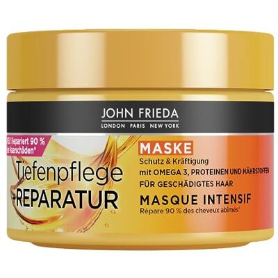 John Frieda Soin en profondeur + Réparation Cure capillaire/masque Volume : 250 ml Pour cheveux abîmés et extrêmement abîmés John Frieda Soin en profondeur + Réparation Cure capillaire/masque Volume : 250 ml Pour cheveux abîmés et extrêmement abîmés