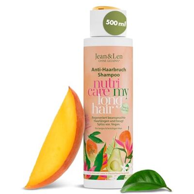 Jean & Len Shampooing anti-casse à la mangue et à l'avocat, pour cheveux longs et cassants, régénère les longueurs de cheveux sollicitées et prévient les fourches, parfum fruité de mangue, sans Jean & Len Shampooing anti-casse à la mangue et à l'avocat, pour cheveux longs et cassants, régénère les longueurs de cheveux sollicitées et prévient les fourches, parfum fruité de mangue, sans