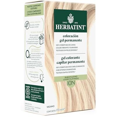 Herbatint Coloration capillaire en gel 10N blond platine 170 ml sans ammoniaque, couverture optimale des cheveux blancs, avec 8 extraits organiques, idéale pour les peaux sensibles Herbatint Coloration capillaire en gel 10N blond platine 170 ml sans ammoniaque, couverture optimale des cheveux blancs, avec 8 extraits organiques, idéale pour les peaux sensibles
