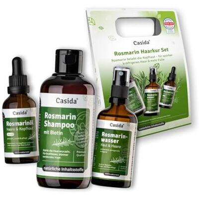 Casida ® Kit de Cure Capillaire au Romarin Shampooing, Eau et Huile Soin Optimal Avec des Ingrédients Naturels Contre la Chute des Cheveux Casida ® Kit de Cure Capillaire au Romarin Shampooing, Eau et Huile Soin Optimal Avec des Ingrédients Naturels Contre la Chute des Cheveux