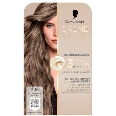 Schwarzkopf Coloration permanente pour cheveux Crème de résultat Supreme Couleur uniforme Crème nourrissante Bonding Présérum et masque de soin Couverture 100 % cheveux blancs 7-16 Schwarzkopf Coloration permanente pour cheveux Crème de résultat Supreme Couleur uniforme Crème nourrissante Bonding Présérum et masque de soin Couverture 100 % cheveux blancs 7-16