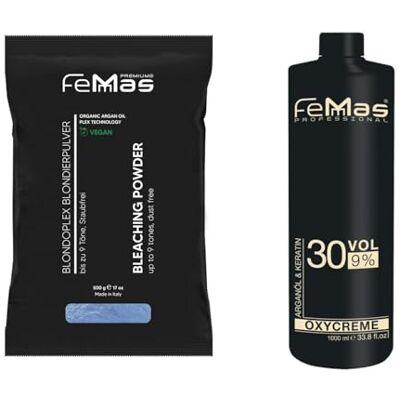 Femmas Kit de blanchiment : 500 g poudre de blanchiment à l'huile d'argan et développeur 9 % 1 l I Kit de démarrage idéal pour l'éclairage de la maison I pour blanchir jusqu'à 7 nuances de Femmas Kit de blanchiment : 500 g poudre de blanchiment à l'huile d'argan et développeur 9 % 1 l I Kit de démarrage idéal pour l'éclairage de la maison I pour blanchir jusqu'à 7 nuances de