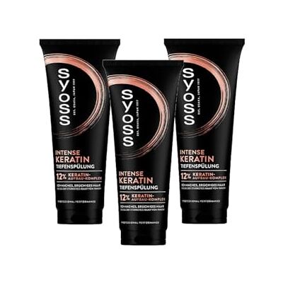 Syoss Après-shampooing en profondeur à la kératine (3 x 250 ml), après-shampoing riche à la kératine lutte contre les frisottis et assure la brillance, après-shampoing pour des cheveux sains et Syoss Après-shampooing en profondeur à la kératine (3 x 250 ml), après-shampoing riche à la kératine lutte contre les frisottis et assure la brillance, après-shampoing pour des cheveux sains et