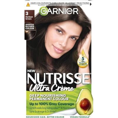 Garnier Nutrisse Coloration permanente pour cheveux, aspect naturel, résultat de couleur pour tous types de cheveux, 3 brun foncé Garnier Nutrisse Coloration permanente pour cheveux, aspect naturel, résultat de couleur pour tous types de cheveux, 3 brun foncé