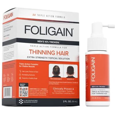 Foligain Solution topique avec trioxidil 10 % pour homme, traitement anti-chute, stimule la repousse des cheveux, 59 ml Foligain Solution topique avec trioxidil 10 % pour homme, traitement anti-chute, stimule la repousse des cheveux, 59 ml