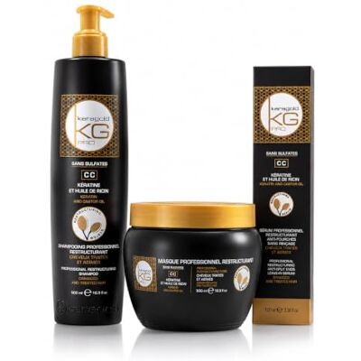 KeraGold KG Pro Trio Capillaire Kératine & Huile de Ricin – Shampoing 500 ml, Masque 500 ml, Sérum 100 ml – Routine Sans Sulfates pour Cheveux Traités, Abîmés, Secs, Frisottis & Brillance KeraGold KG Pro Trio Capillaire Kératine & Huile de Ricin – Shampoing 500 ml, Masque 500 ml, Sérum 100 ml – Routine Sans Sulfates pour Cheveux Traités, Abîmés, Secs, Frisottis & Brillance