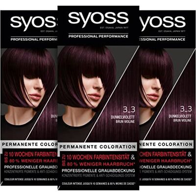 Syoss Color Coloration 3_3 Violet foncé Niveau 3 (3 x 115 ml), coloration permanente pour jusqu'à 10 semaines d'intensité de couleur et 70% de casse des cheveux en moins* Syoss Color Coloration 3_3 Violet foncé Niveau 3 (3 x 115 ml), coloration permanente pour jusqu'à 10 semaines d'intensité de couleur et 70% de casse des cheveux en moins*