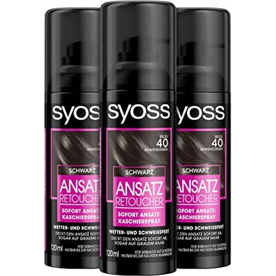 Syoss Spray de masquage de niveau 1 (3 x 120 ml), pour recouvrir une approche plus légère et grise, la couleur de la racine dure jusqu'au prochain shampooing Syoss Spray de masquage de niveau 1 (3 x 120 ml), pour recouvrir une approche plus légère et grise, la couleur de la racine dure jusqu'au prochain shampooing