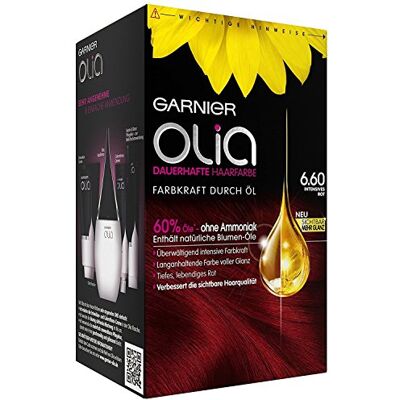 Garnier Olia Lot de 3 colorations pour cheveux Rouge intense 6.60 Contient 60% d'huiles florales pour une couleur intense Sans ammoniaque Garnier Olia Lot de 3 colorations pour cheveux Rouge intense 6.60 Contient 60% d'huiles florales pour une couleur intense Sans ammoniaque