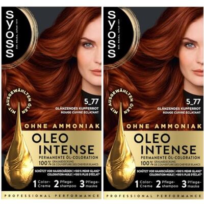 Syoss Oleo Intense Lot de 2 colorations à l'huile 5-77 Rouge cuivré brillant, niveau 3 (115 ml), coloration permanente, avec huile nourrissante, sans ammoniaque, 2 x 115 ml Syoss Oleo Intense Lot de 2 colorations à l'huile 5-77 Rouge cuivré brillant, niveau 3 (115 ml), coloration permanente, avec huile nourrissante, sans ammoniaque, 2 x 115 ml