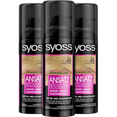 Syoss Spray réparateur racines blond foncé niveau 1 (3 x 120 ml), spray de racines couvrant les racines plus foncées et grises repoussantes, la couleur des racines dure jusqu'au prochain lavage Syoss Spray réparateur racines blond foncé niveau 1 (3 x 120 ml), spray de racines couvrant les racines plus foncées et grises repoussantes, la couleur des racines dure jusqu'au prochain lavage