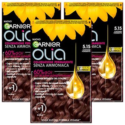 Garnier Olia Lot de 3 colorations permanentes sans ammoniaque aux huiles de fleurs naturelles pour un effet éclaircissant et nourrissant Marron foncé 5.15 Garnier Olia Lot de 3 colorations permanentes sans ammoniaque aux huiles de fleurs naturelles pour un effet éclaircissant et nourrissant Marron foncé 5.15