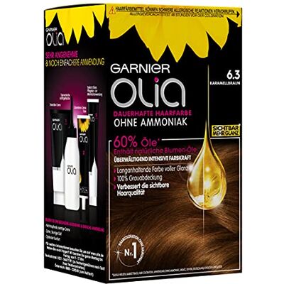 Garnier Olia Lot de 3 colorations permanentes sans ammoniaque, aux huiles nourrissantes et naturelles, couverture complète des cheveux gris, coloration permanente, n°6.3 châtain caramel Garnier Olia Lot de 3 colorations permanentes sans ammoniaque, aux huiles nourrissantes et naturelles, couverture complète des cheveux gris, coloration permanente, n°6.3 châtain caramel