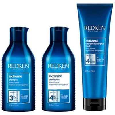 Redken Shampooing extrême 300 ml, après-shampoing 300 ml et masque Strength Builder Plus 250 ml Redken Shampooing extrême 300 ml, après-shampoing 300 ml et masque Strength Builder Plus 250 ml