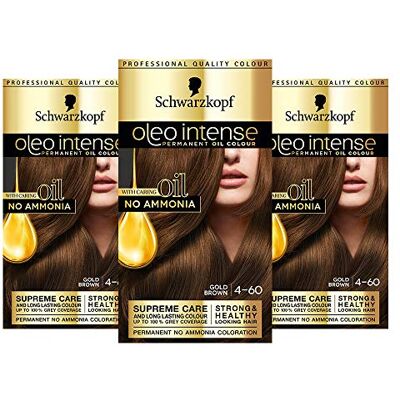 Schwarzkopf Oleo Intense Lot de 3 boîtes de coloration permanente à l’huile sans ammoniaque Couvrance des cheveux blancs Châtain doré 4-60 Schwarzkopf Oleo Intense Lot de 3 boîtes de coloration permanente à l’huile sans ammoniaque Couvrance des cheveux blancs Châtain doré 4-60