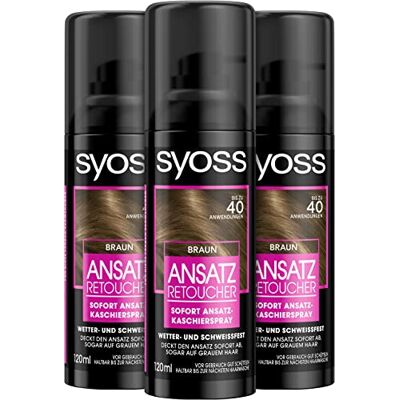 Syoss Ansatz Retoucher Spray de masquage marron niveau 1 (3 x 120 ml), spray couvrant les racines plus claires et grises renouvelables, la couleur dure jusqu'au prochain lavage des cheveux Syoss Ansatz Retoucher Spray de masquage marron niveau 1 (3 x 120 ml), spray couvrant les racines plus claires et grises renouvelables, la couleur dure jusqu'au prochain lavage des cheveux