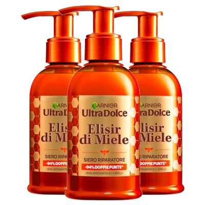 Garnier Ultra Dolce Elixir di Miel Sérum Réparateur Cheveux Endommagés et Double Pointes au Miel d'Acacia Adoucissant Texture Légère 3 Flacons de 115 ml Garnier Ultra Dolce Elixir di Miel Sérum Réparateur Cheveux Endommagés et Double Pointes au Miel d'Acacia Adoucissant Texture Légère 3 Flacons de 115 ml