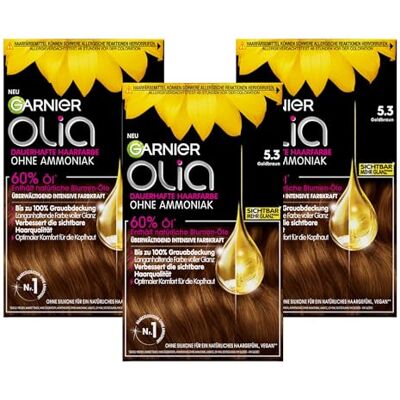 Garnier Olia Lot de 3 colorations permanentes sans ammoniaque, aux huiles nourrissantes et naturelles, couverture complète des cheveux gris, coloration permanente, n° 5.3 brun doré Garnier Olia Lot de 3 colorations permanentes sans ammoniaque, aux huiles nourrissantes et naturelles, couverture complète des cheveux gris, coloration permanente, n° 5.3 brun doré
