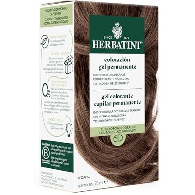 Herbatint Coloration permanente pour cheveux 6D blond foncé doré 170 ml sans ammoniaque, couverture optimale des cheveux blancs, testé dermatologiquement, avec 8 extraits naturels Herbatint Coloration permanente pour cheveux 6D blond foncé doré 170 ml sans ammoniaque, couverture optimale des cheveux blancs, testé dermatologiquement, avec 8 extraits naturels