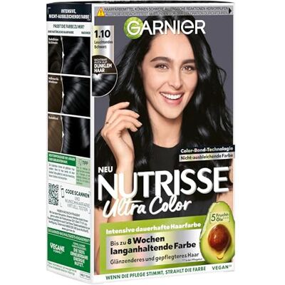 Garnier Nutrisse Coloration intense nourrissante aux huiles de fruits nourrissantes, tenue 8 semaines, couleur noire brillante Garnier Nutrisse Coloration intense nourrissante aux huiles de fruits nourrissantes, tenue 8 semaines, couleur noire brillante