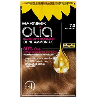Garnier Olia Lot de 3 colorations permanentes sans ammoniaque, aux huiles nourrissantes et naturelles, couverture complète des cheveux gris, coloration permanente, n°7.0 blond moyen Garnier Olia Lot de 3 colorations permanentes sans ammoniaque, aux huiles nourrissantes et naturelles, couverture complète des cheveux gris, coloration permanente, n°7.0 blond moyen