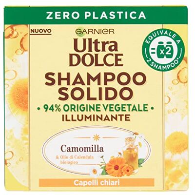 Garnier Ultra Dolce Shampooing solide camomille, pour cheveux clairs, avec emballage 100% écologique, sans plastique, 60 g Garnier Ultra Dolce Shampooing solide camomille, pour cheveux clairs, avec emballage 100% écologique, sans plastique, 60 g