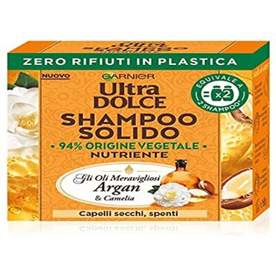Garnier Ultra Doux Shampooing solide aux huiles merveilleuses d'argan et de camélia, pour cheveux secs et ternes, avec emballage 100% écologique sans plastique, 60 g Garnier Ultra Doux Shampooing solide aux huiles merveilleuses d'argan et de camélia, pour cheveux secs et ternes, avec emballage 100% écologique sans plastique, 60 g