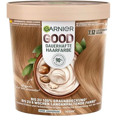 Garnier GOOD Coloration permanente pour cheveux 7.12 marron latte macchiato, coloration permanente, sans ammoniaque, couverture jusqu'à 100% des gris, couleur durable, application facile, parfum Garnier GOOD Coloration permanente pour cheveux 7.12 marron latte macchiato, coloration permanente, sans ammoniaque, couverture jusqu'à 100% des gris, couleur durable, application facile, parfum