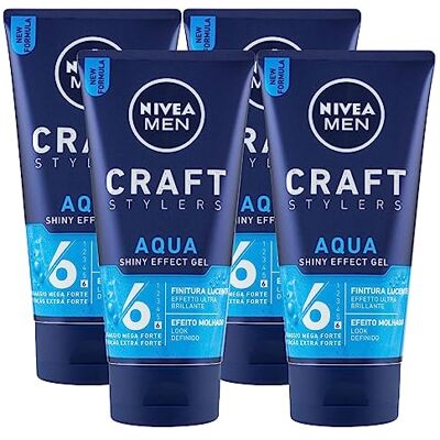 NIVEA Men Craft Stylers Gel cheveux effet humide brillant Aqua Shiny Effect Fixation Mega Forte Finition brillante 4 flacons de 150 ml NIVEA Men Craft Stylers Gel cheveux effet humide brillant Aqua Shiny Effect Fixation Mega Forte Finition brillante 4 flacons de 150 ml