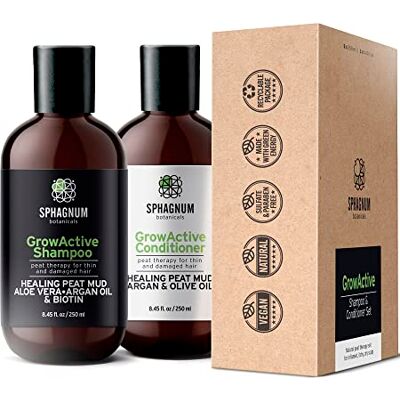Sphagnum Botanicals Shampooing et revitalisant pour la croissance des cheveux Traitement naturel à l'huile d'argan avec de la boue de tourbe cicatrisante pour les cheveux fins et abîmés. Pas de SLS/paraben. Aide à Sphagnum Botanicals Shampooing et revitalisant pour la croissance des cheveux Traitement naturel à l'huile d'argan avec de la boue de tourbe cicatrisante pour les cheveux fins et abîmés. Pas de SLS/paraben. Aide à