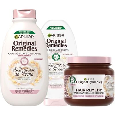 Garnier Original Remedies, Pack shampooing, après-shampoing et masque pour cheveux au cuir chevelu sensible, hydrate intensément et calme, Délicatesse d'avoine, Set de 3 produits Garnier Original Remedies, Pack shampooing, après-shampoing et masque pour cheveux au cuir chevelu sensible, hydrate intensément et calme, Délicatesse d'avoine, Set de 3 produits