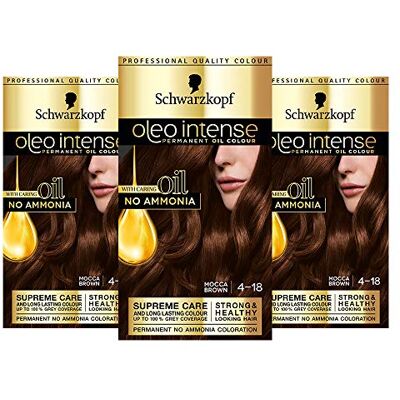 Schwarzkopf Oleo Intense Lot de 3 boîtes de coloration permanente à l’huile sans ammoniaque Couvrance des cheveux blancs Marron Moka 4-18 Schwarzkopf Oleo Intense Lot de 3 boîtes de coloration permanente à l’huile sans ammoniaque Couvrance des cheveux blancs Marron Moka 4-18
