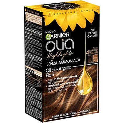 Garnier Olia Highlights, jusqu'à 4 niveaux d'éclaircissement, pour cheveux bruns, formule avec huiles de fleurs + argile, formule végétalienne, sans ammoniaque Garnier Olia Highlights, jusqu'à 4 niveaux d'éclaircissement, pour cheveux bruns, formule avec huiles de fleurs + argile, formule végétalienne, sans ammoniaque