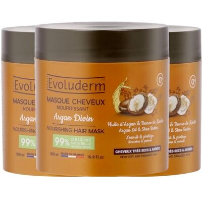 Evoluderm Masque Cheveux Nourrissant Argan Divin 500 ml 99% d'Origine Naturelle Végan Fabrication Française Lot de 3 x 500 ml Evoluderm Masque Cheveux Nourrissant Argan Divin 500 ml 99% d'Origine Naturelle Végan Fabrication Française Lot de 3 x 500 ml