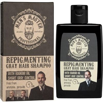 MEN'S MASTER Master Shampooing répigmentant pour homme aux cheveux gris à l'huile de baobab et à la coloration en 5 minutes Fournit un ton gris clair naturel Sans ammoniaque, oxydant, peroxyde 120 ml MEN'S MASTER Master Shampooing répigmentant pour homme aux cheveux gris à l'huile de baobab et à la coloration en 5 minutes Fournit un ton gris clair naturel Sans ammoniaque, oxydant, peroxyde 120 ml