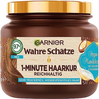 Garnier Wahre Schätze Cure nourrissante 1 minute pour cheveux secs et rebelles, à l'huile d'argan et à l'huile d'amande pour des cheveux souples et souples, formule végétalienne, 1 x 340 ml Garnier Wahre Schätze Cure nourrissante 1 minute pour cheveux secs et rebelles, à l'huile d'argan et à l'huile d'amande pour des cheveux souples et souples, formule végétalienne, 1 x 340 ml